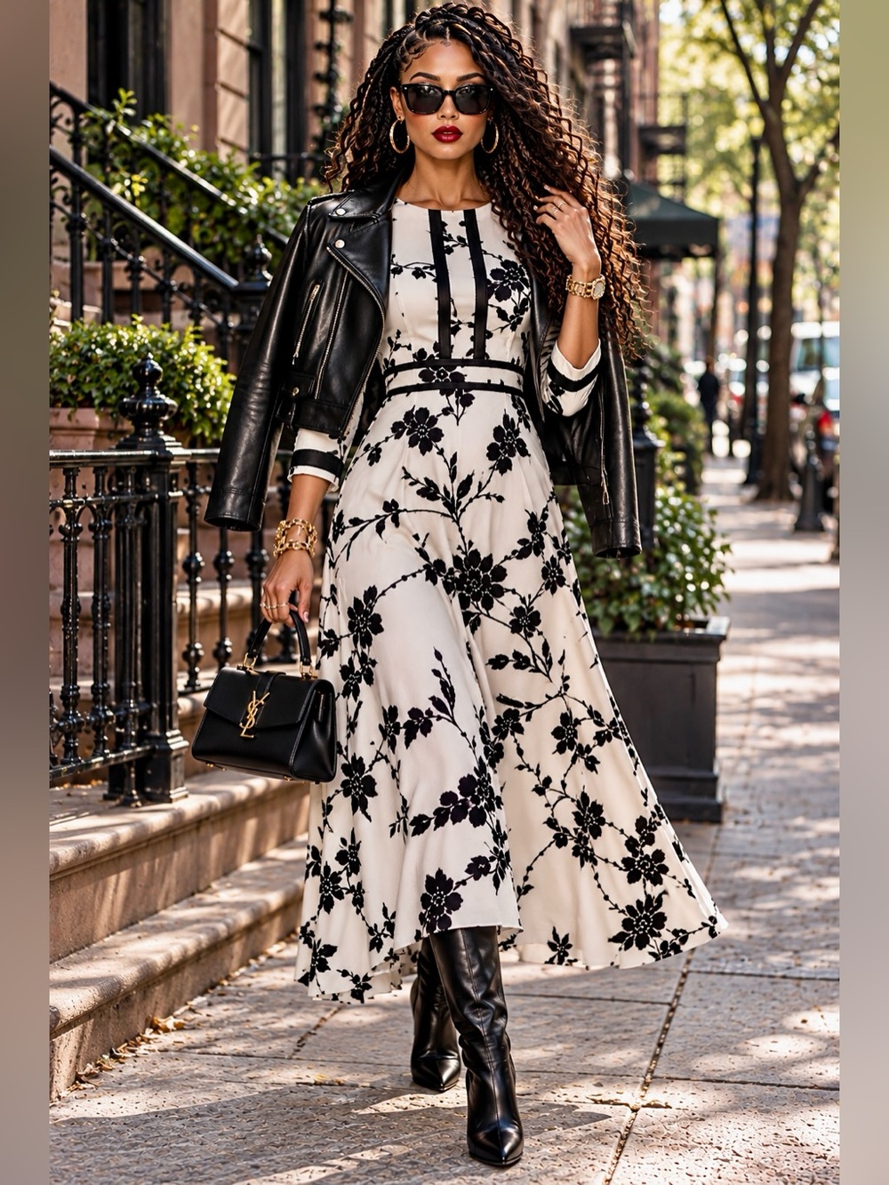 HOMEYEE Black & White Floral Retro-Inspired Midi Dress Size 12